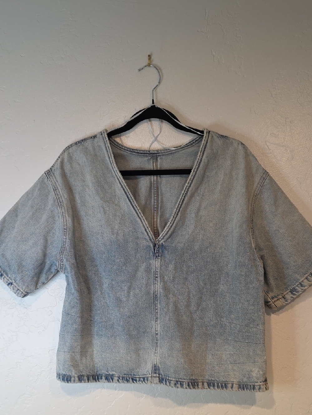 Zara Washed Denim V-Neck Boxy Top - Light Blue